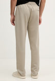 Khaki sweatpants with an elasticated waist, a rear welt pocket, and a subtle vertical stripe down the left outer leg.