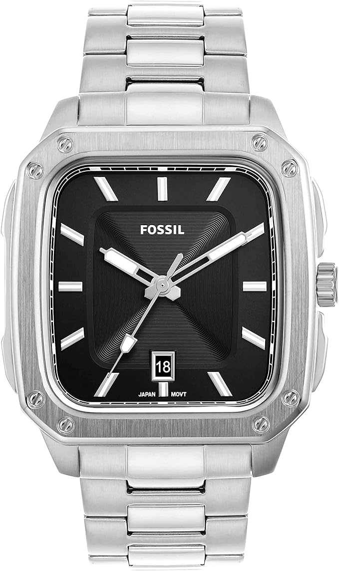 Fossil Inscription Gents Black Dial Square Case Stainless Steel