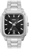 Fossil Inscription Gents Black Dial Square Case Stainless Steel Watch