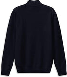 Navy blue long-sleeve sweater with a fine textured knit, high stand-up collar, and ribbed cuffs and hem.