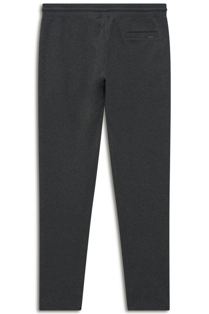 Dark grey heathered trousers with an elasticated waistband and a single rear welt pocket with a small white label.