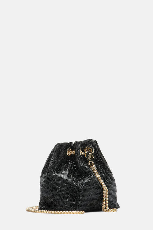 Black shimmery mesh drawstring bag with gold-toned chain strap, hardware, and logo charm.