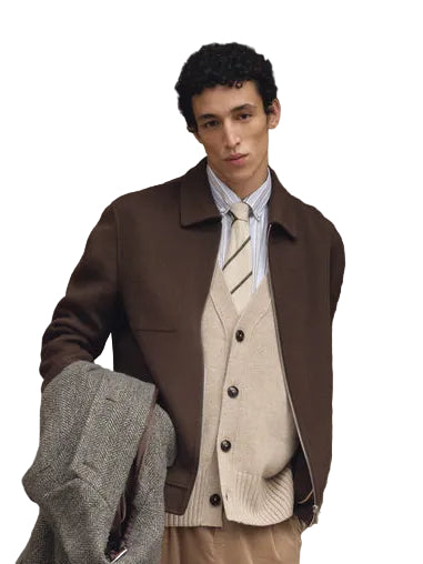 Brown men's casual jacket with a point collar, full-zip front, and a single welt chest pocket.