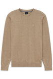 Light brown marled crew neck sweater with ribbed collar, cuffs, and hem. Inner collar has thin stripes. Small logo on chest.