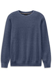Navy blue textured knit crew neck sweater with long sleeves and ribbed cuffs and hem.