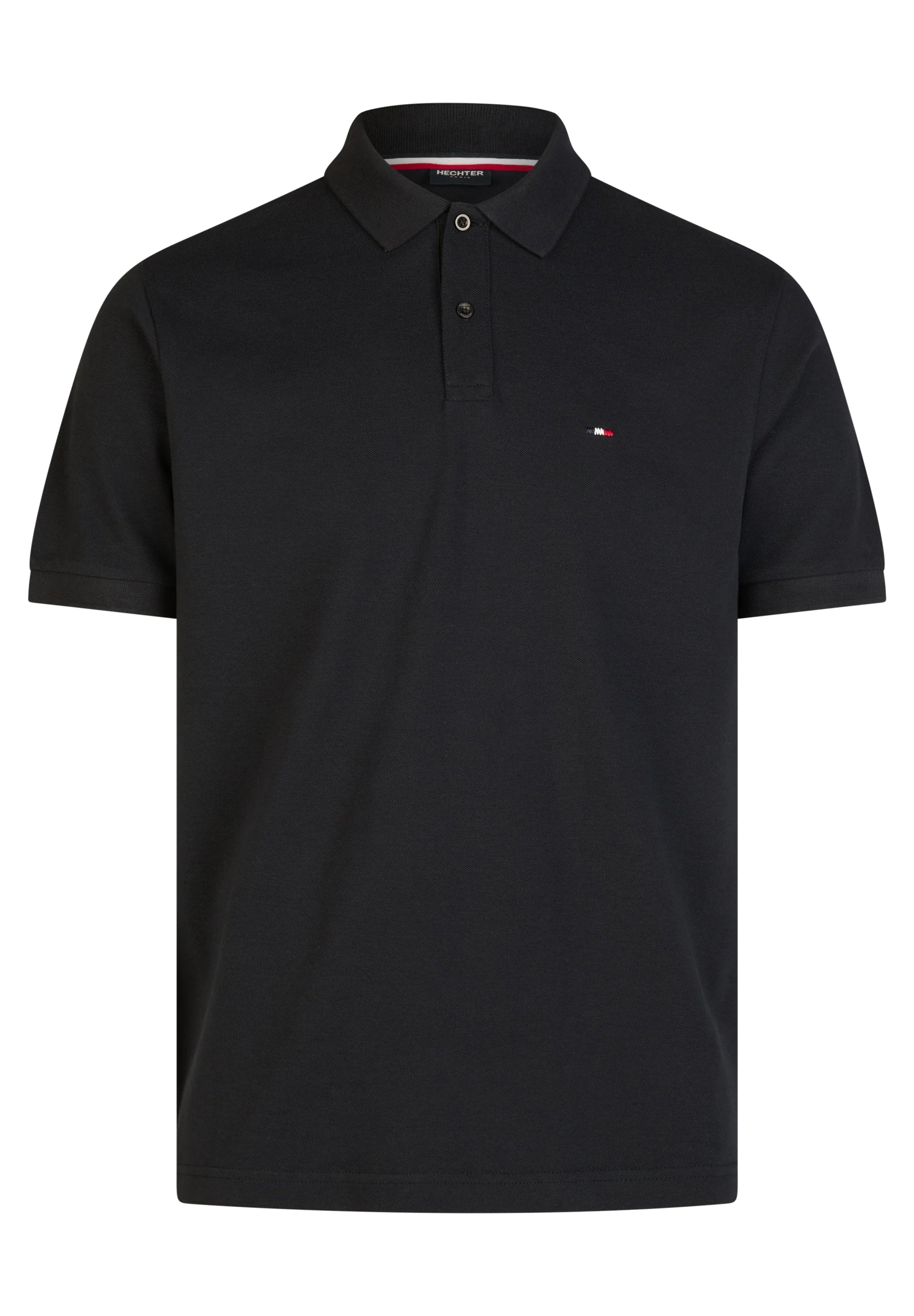 Black short-sleeve polo shirt with a ribbed collar, two-button placket with a silver-toned eyelet, and a small flag logo on t