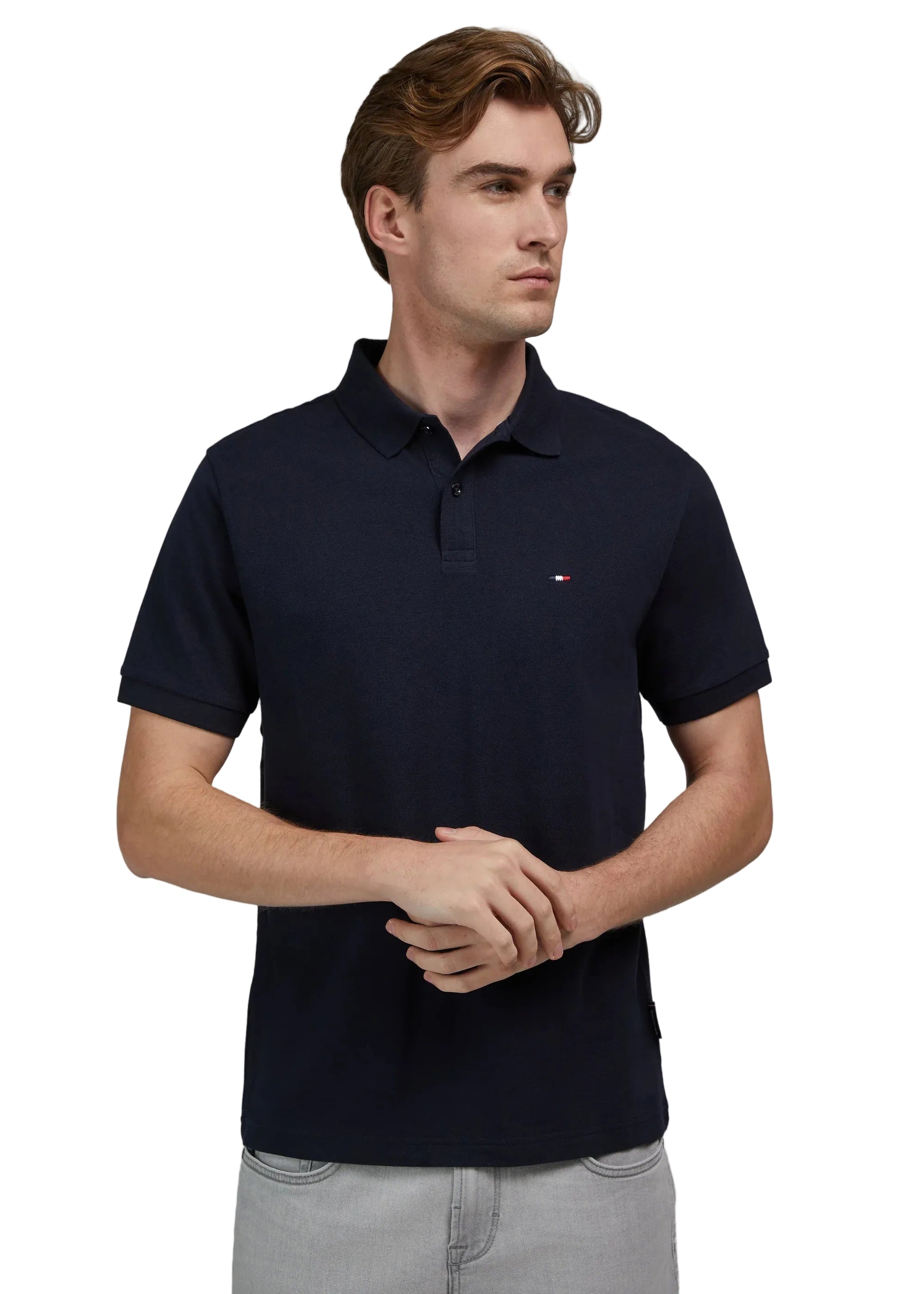 Navy blue short-sleeve polo shirt with a two-button placket, folded collar, and a small red, white, and blue logo on the left