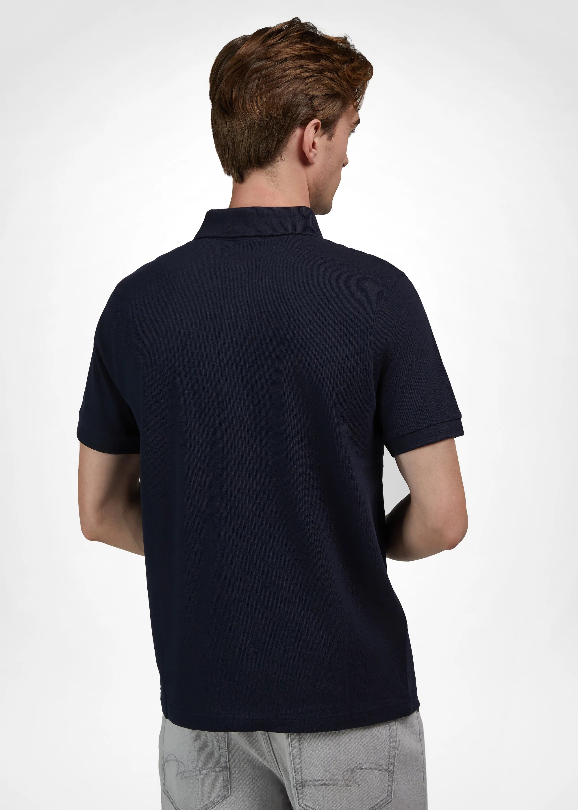 Navy short-sleeved polo shirt with a ribbed collar and ribbed cuffs, shown from the back.