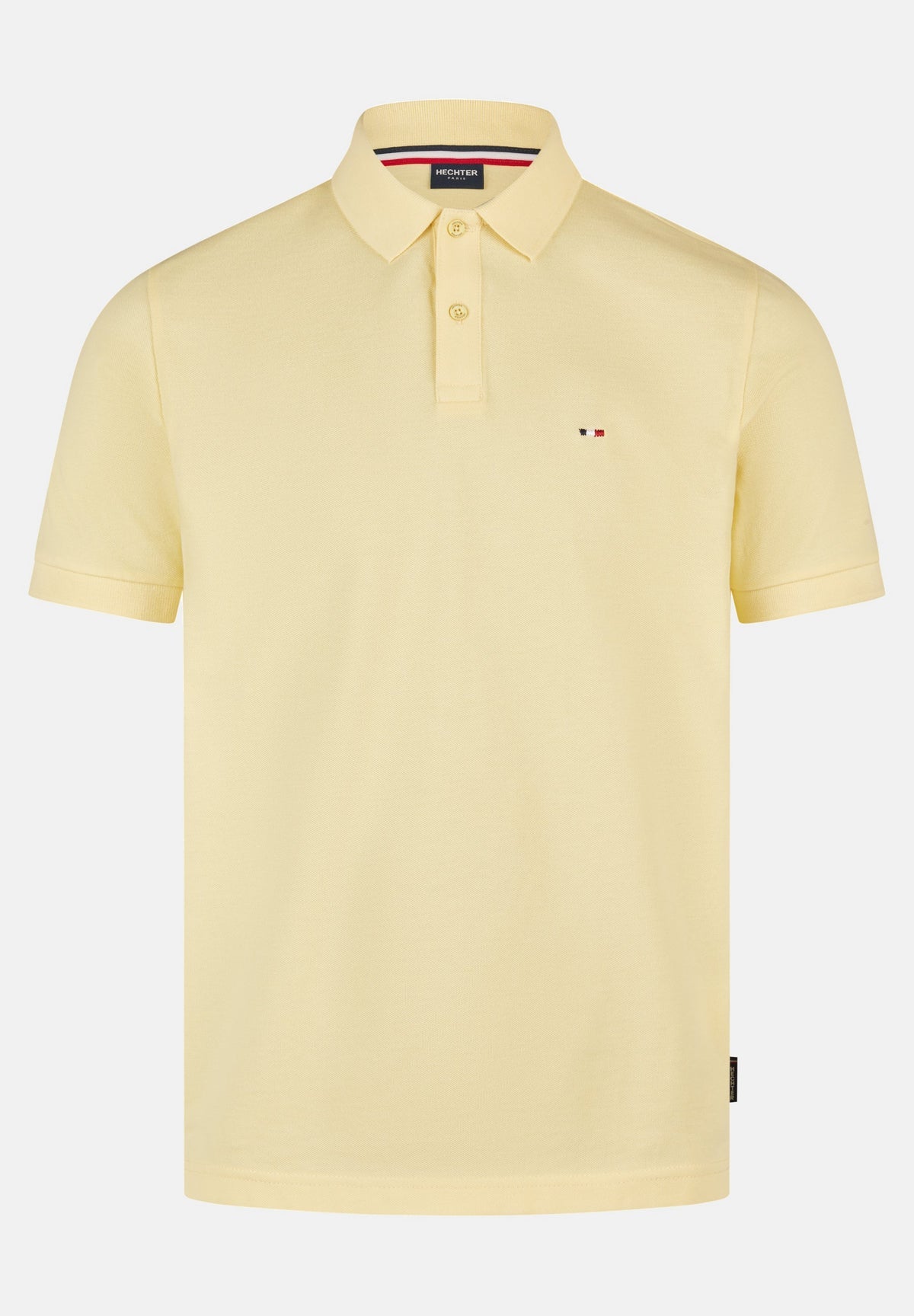 Vanilla short-sleeve polo shirt with gold-toned buttons, a red, white, and blue emblem on the chest, and a striped collar lin