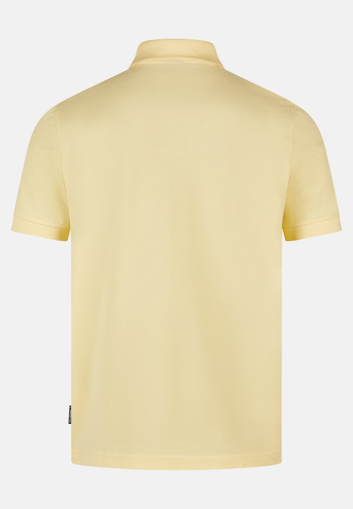 Vanilla short-sleeved polo shirt, back view, with a ribbed collar, ribbed cuffs, and a small black tag on the lower left side