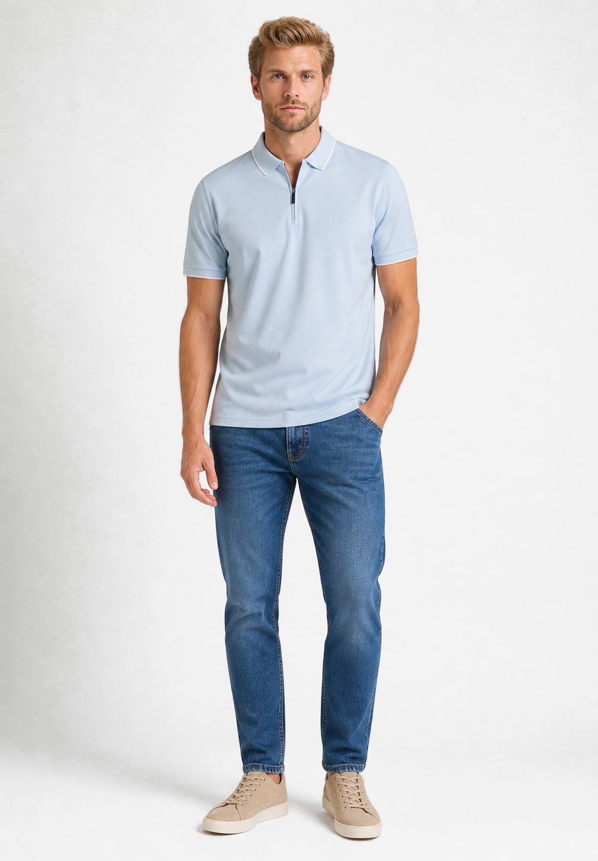 Steel blue short-sleeve polo shirt with a white-trimmed collar, quarter-zip placket, and white-trimmed cuffs.