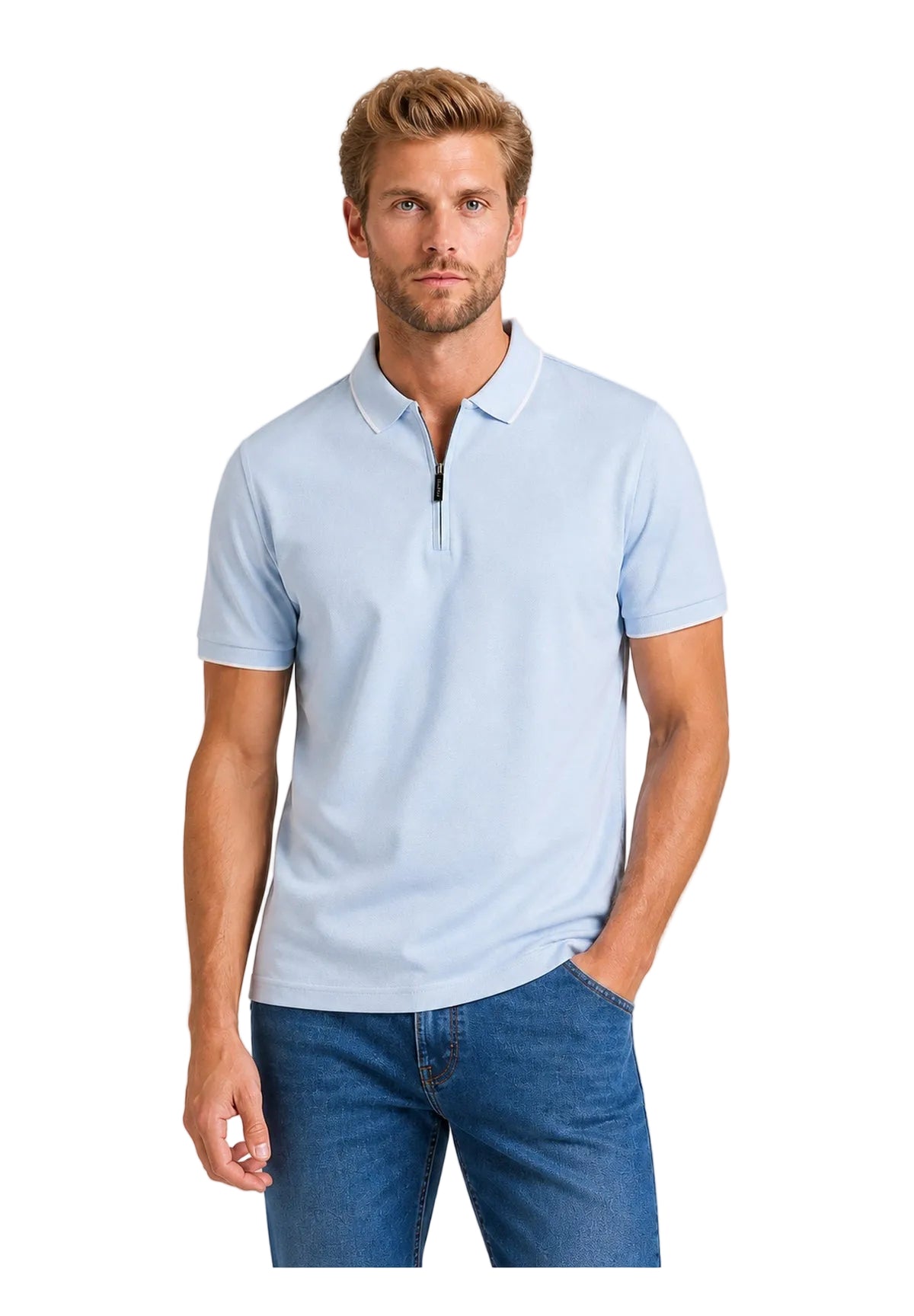 Light blue men's short-sleeved polo shirt with a white-trimmed collar and a black zip placket.