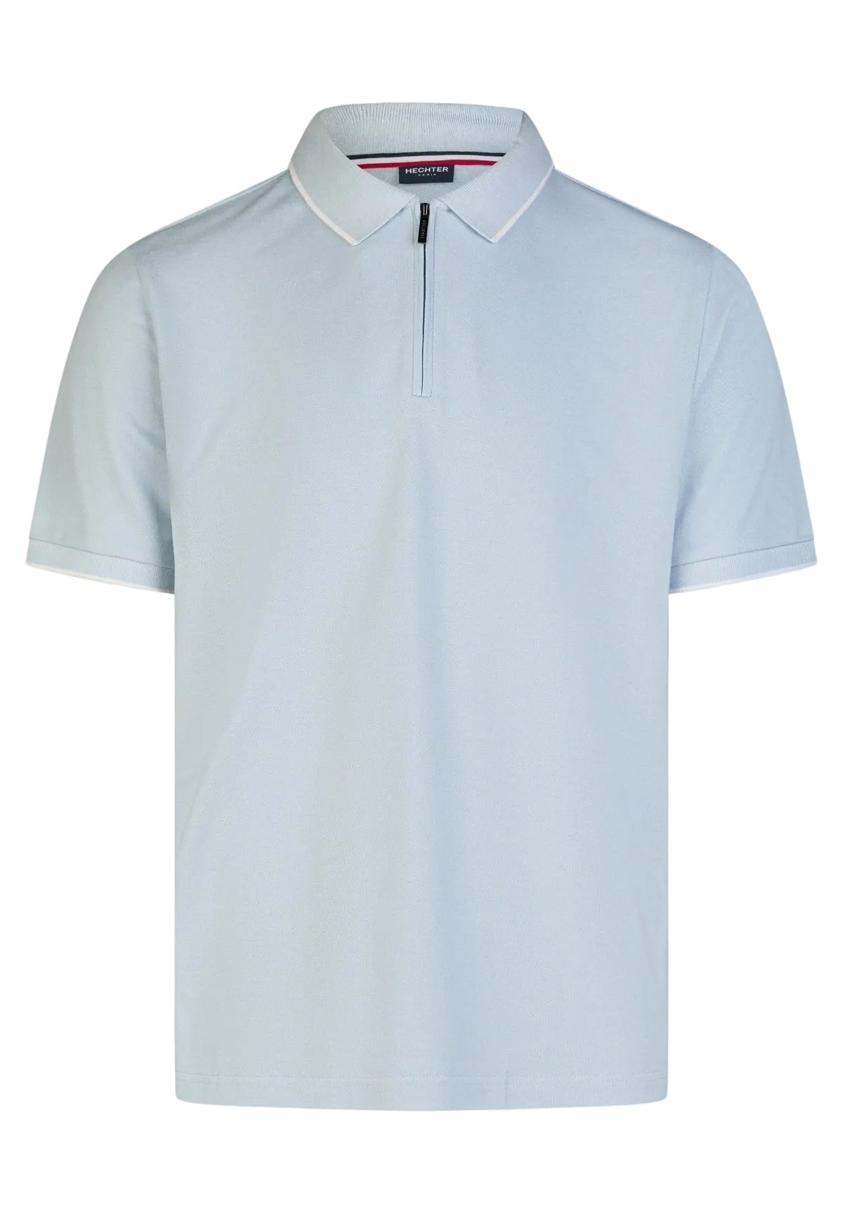 Light blue knit polo shirt with a pointed collar, quarter-zip placket, and short sleeves. Collar and cuffs have a thin white