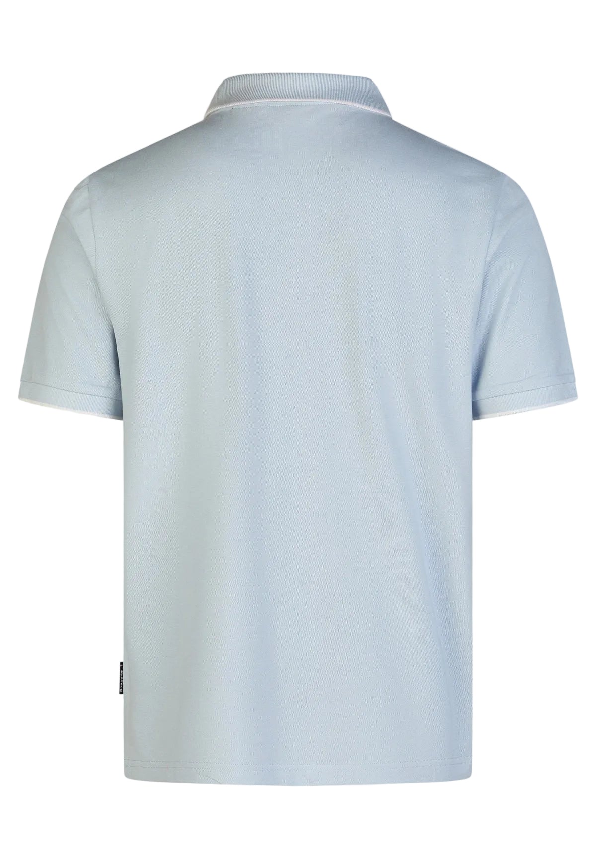 Steel blue short-sleeved polo shirt with ribbed collar and cuffs, each featuring a thin light pink stripe on the inner edge.