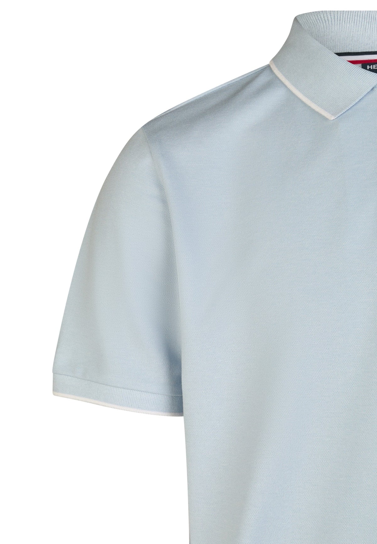 Steel blue pique knit polo shirt with short sleeves, a collar, and thin white trim on the collar and sleeve cuffs.