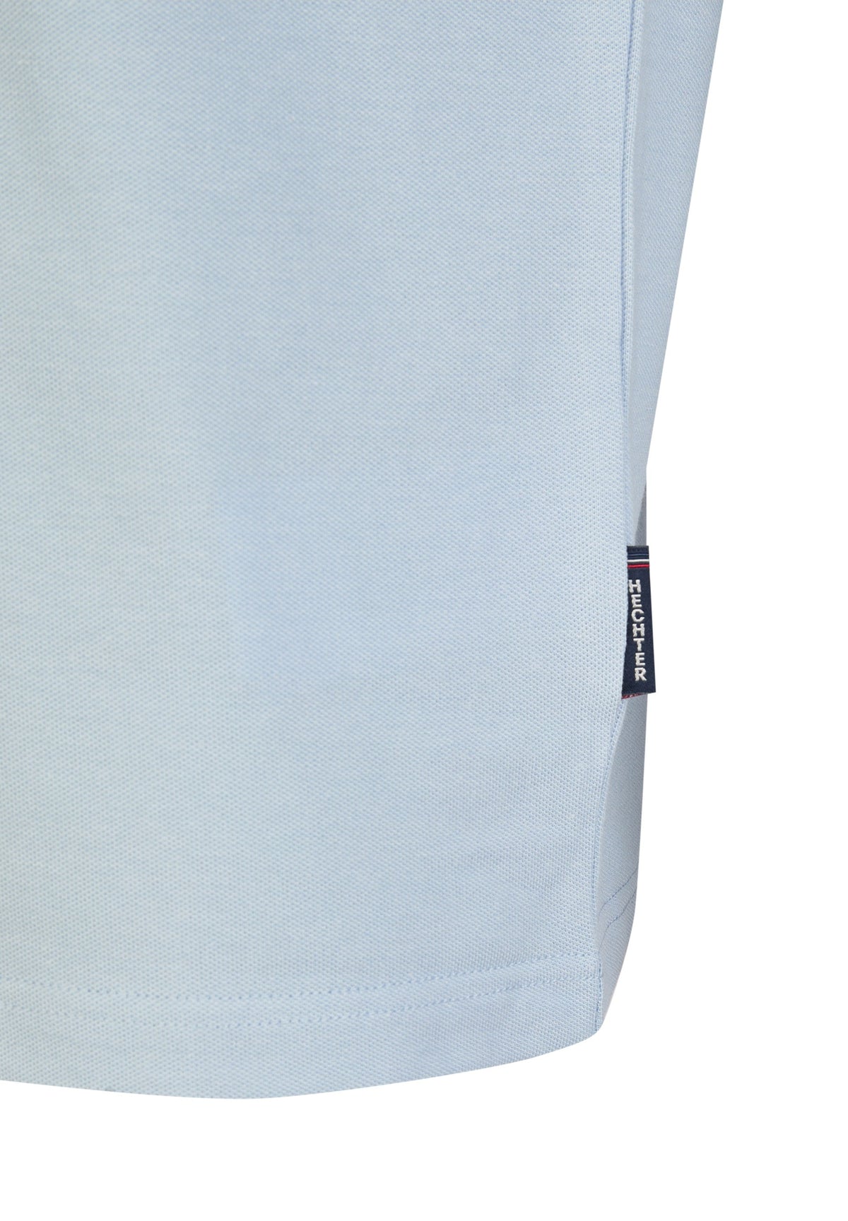 Steel blue pique knit polo shirt with a small dark blue 'HECHTER' tag with red and white stripe on the side hem.