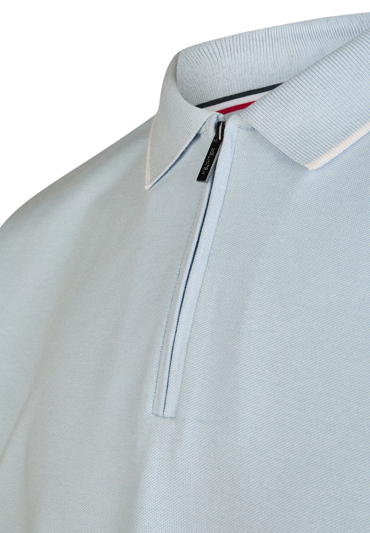 Steel blue pique polo shirt with ribbed collar, white trim, and a short zipper placket with a dark 'VECHTER' pull.