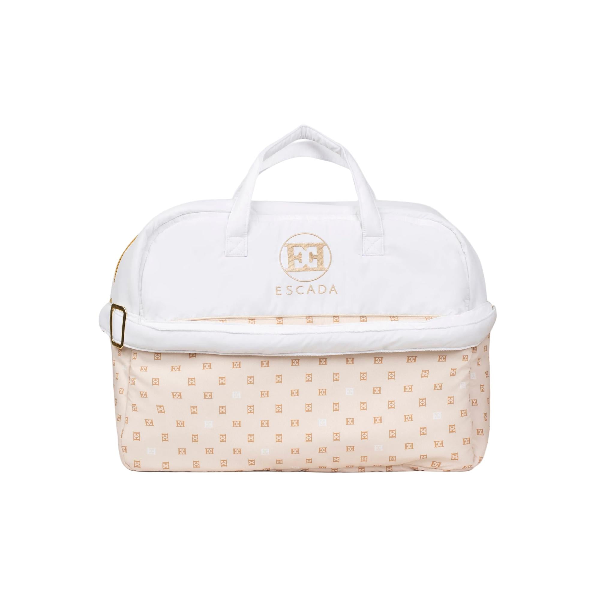 Beige and off-white padded changing bag with gold-toned Escada logo and monogram pattern, featuring top handles and a zip clo