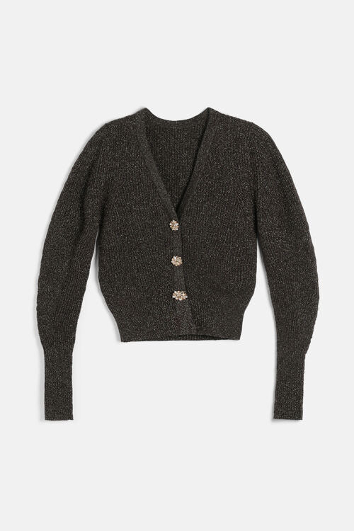 Dark brown gold-shimmer knit cardigan with a V-neck, long sleeves, and three gold-toned jeweled buttons.