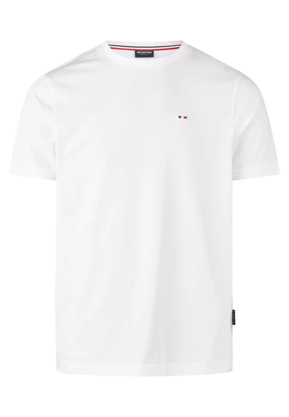 White short-sleeved crew neck t-shirt with red and blue striped inner collar and small blue and red embroidered detail on lef