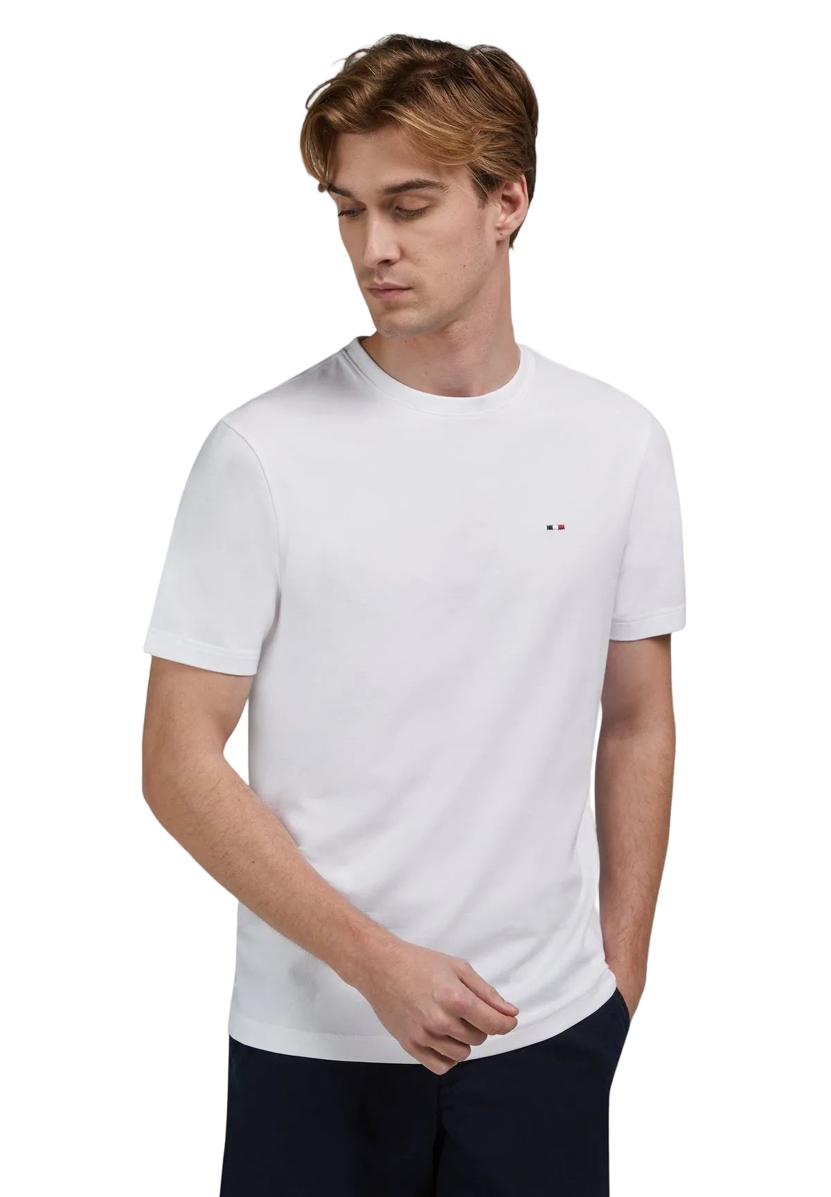 White short-sleeved crew neck T-shirt with a small dark blue, white, and red embroidered emblem on the left chest.