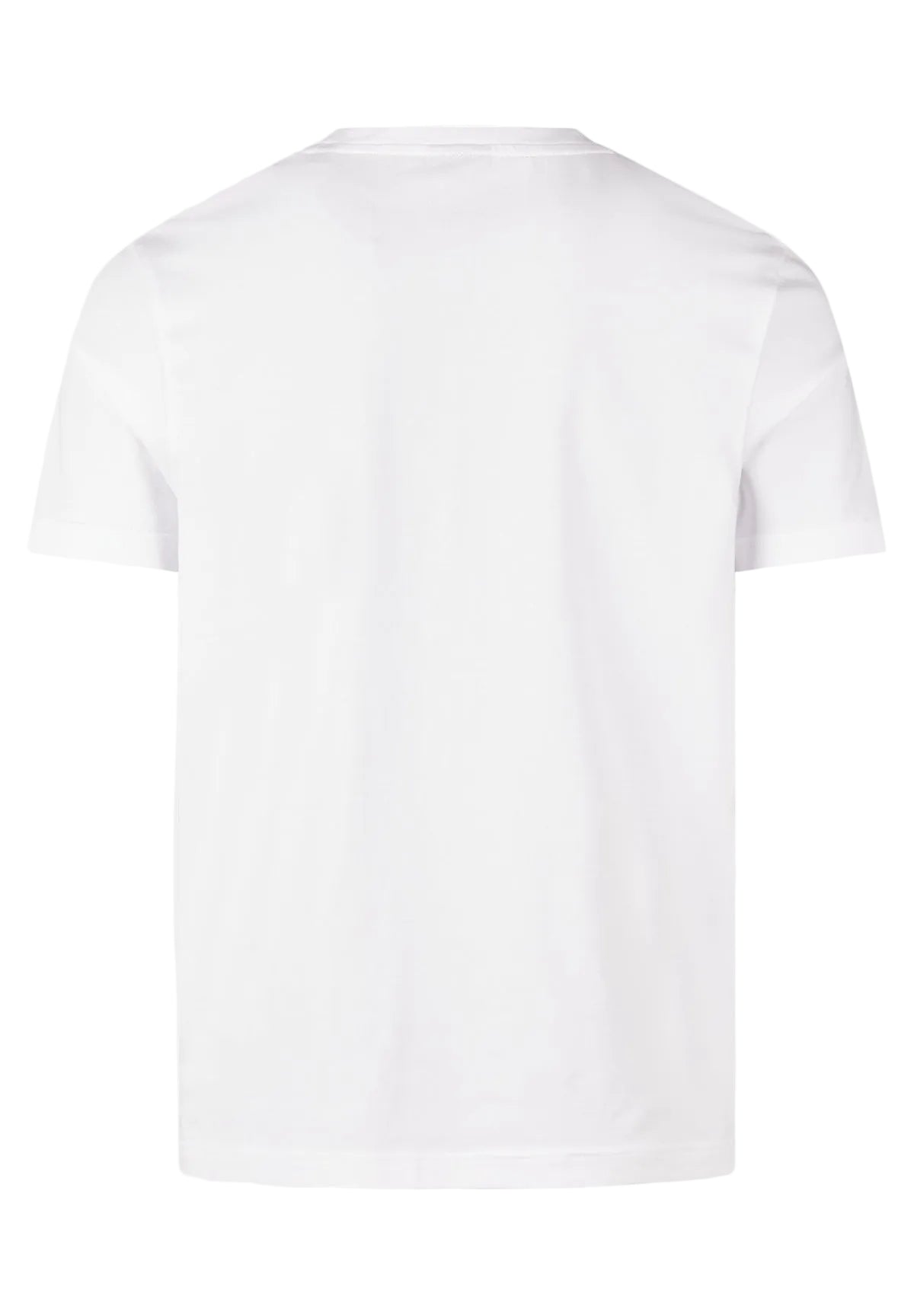 Plain white short-sleeve crew neck t-shirt.