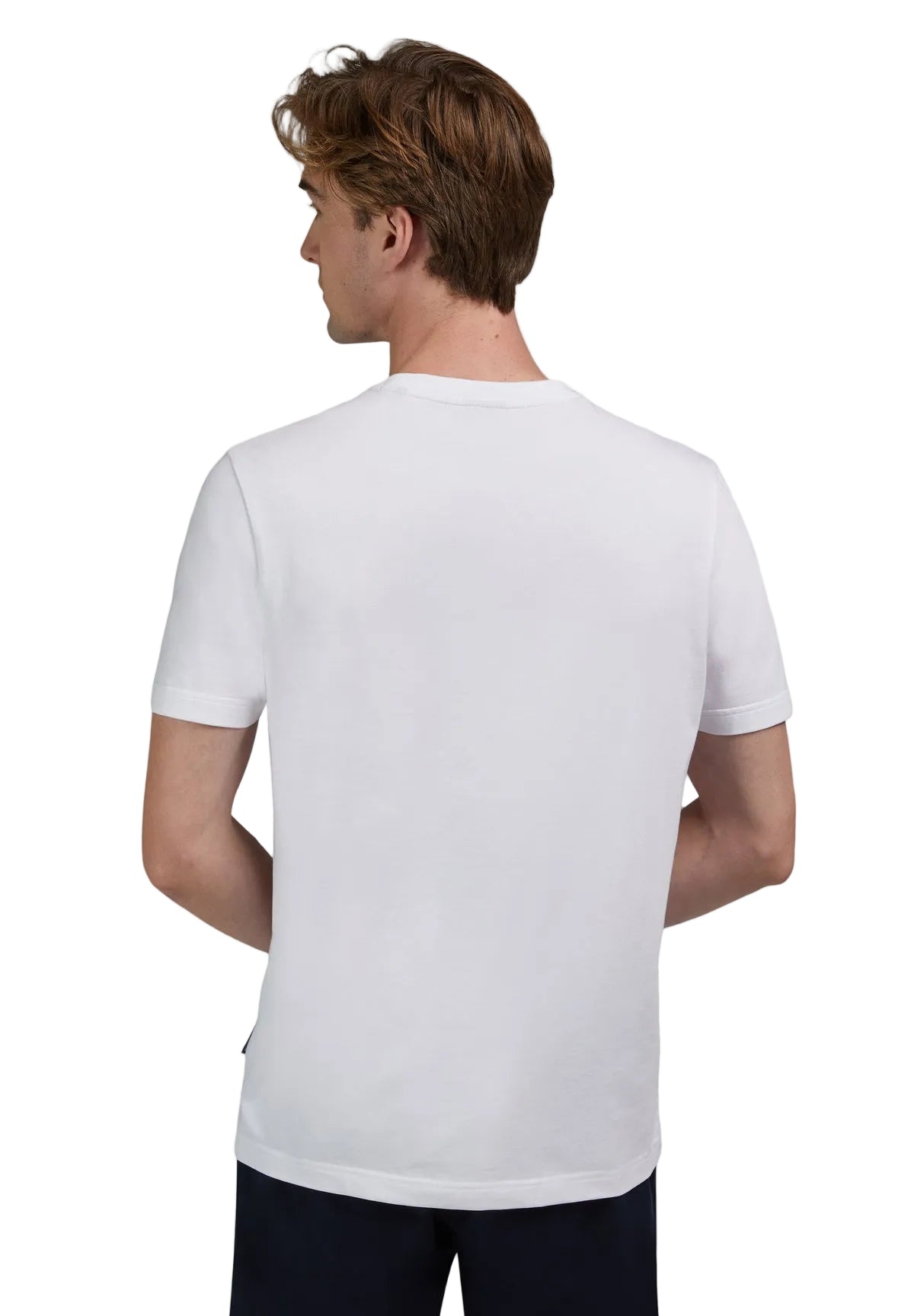 Plain white short-sleeve t-shirt with a crew neck, viewed from the back.