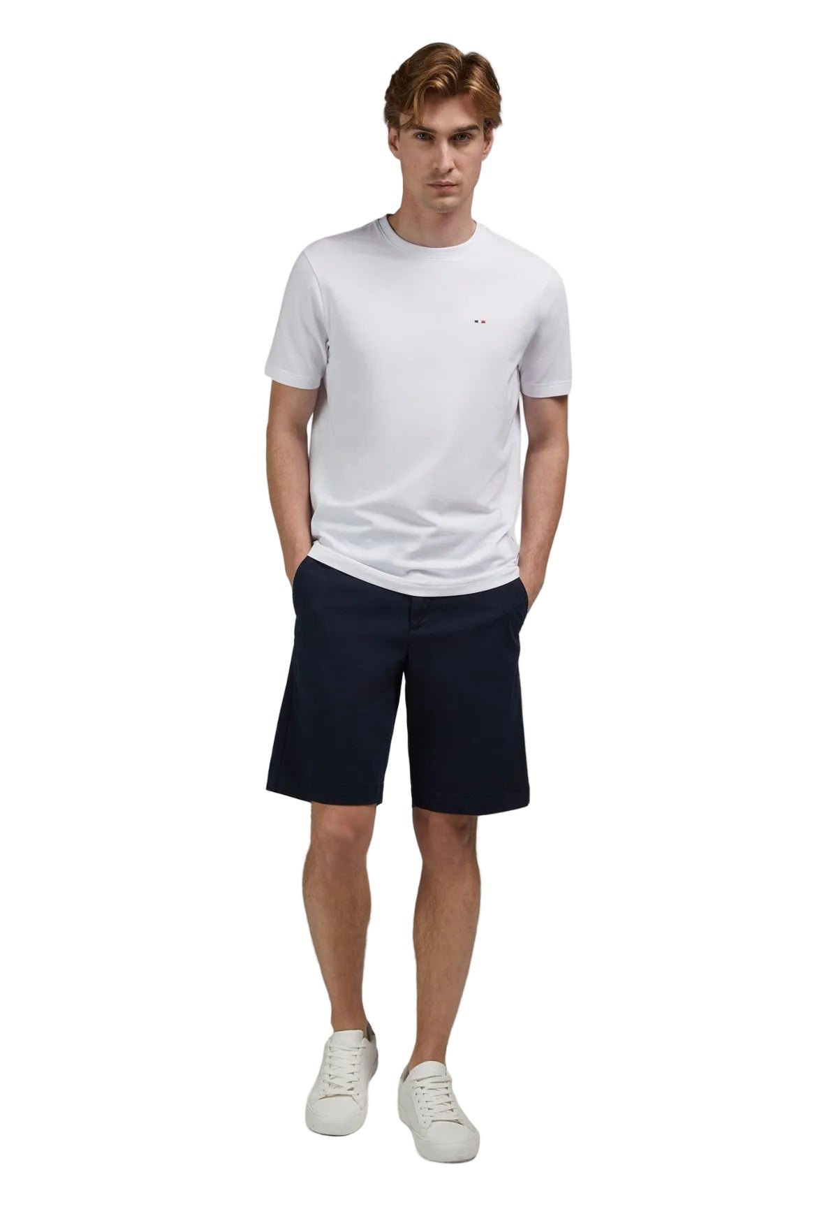 White short-sleeved crew neck t-shirt with a small red and blue rectangular logo on the left chest.
