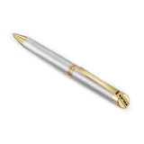 Polished silver-toned ballpoint pen with gold-toned tip, clip, and cap end. 'POLICE' text on cap and band.