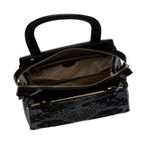 Overhead view of the open bag showing dual zippered compartments and the beige Valentino Orlandi branded fabric lining.