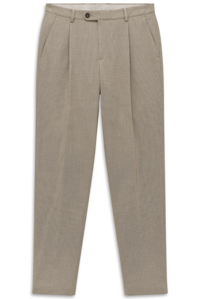Light brown men's pleated trousers with a straight leg, belt loops, slanted side pockets, and button and zip fly.