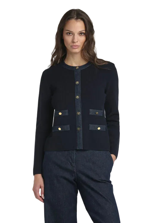Dark blue knit cardigan with a round neck, long sleeves, and a button-front closure. It features denim-look trim and gold-ton