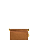 Dark brown crocodile-embossed clutch with a gold-toned bar handle. It features a spherical finial on the left and a flared fi