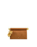 Dark brown crocodile-textured clutch with a gold-toned bar handle. Two gold-toned leaf pendants hang from the left. 'JW PEI'