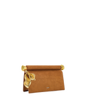 Dark brown embossed clutch with a rolled handle, gold-toned end caps, and two gold-toned organic leaf pendants.