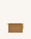 Dark brown clutch with a gold-toned studded body. It has a gold-toned bar closure with a spherical end and a holly-shaped met