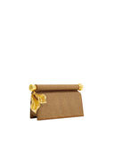 Dark brown clutch covered in shimmering gold-toned embellishments, with a gold-toned bar handle and three gold-toned leaf pen