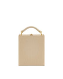 Khaki rectangular box bag with a fine woven texture, a light beige curved top handle, and gold-toned hardware and clasp.