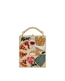 Khaki box-shaped top handle bag with embroidered picnic scene including pizza, bread, wine, olives, and a green checkered clo