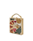 Khaki canvas box bag with a light beige top handle and gold-toned hardware. Features colorful embroidery of picnic items like