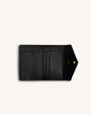 Open black bifold wallet with smooth interior, multiple card slots, and compartments. Features a gold-toned snap button on th
