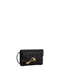 Black woven textured envelope wallet with a gold-toned curved hook closure and a small black loop on the side.