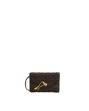 Black woven textured envelope wallet with a gold-toned curved hook clasp and a side loop.