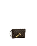 Dark brown woven textured envelope wallet with a gold-toned curved metal closure and a side loop.