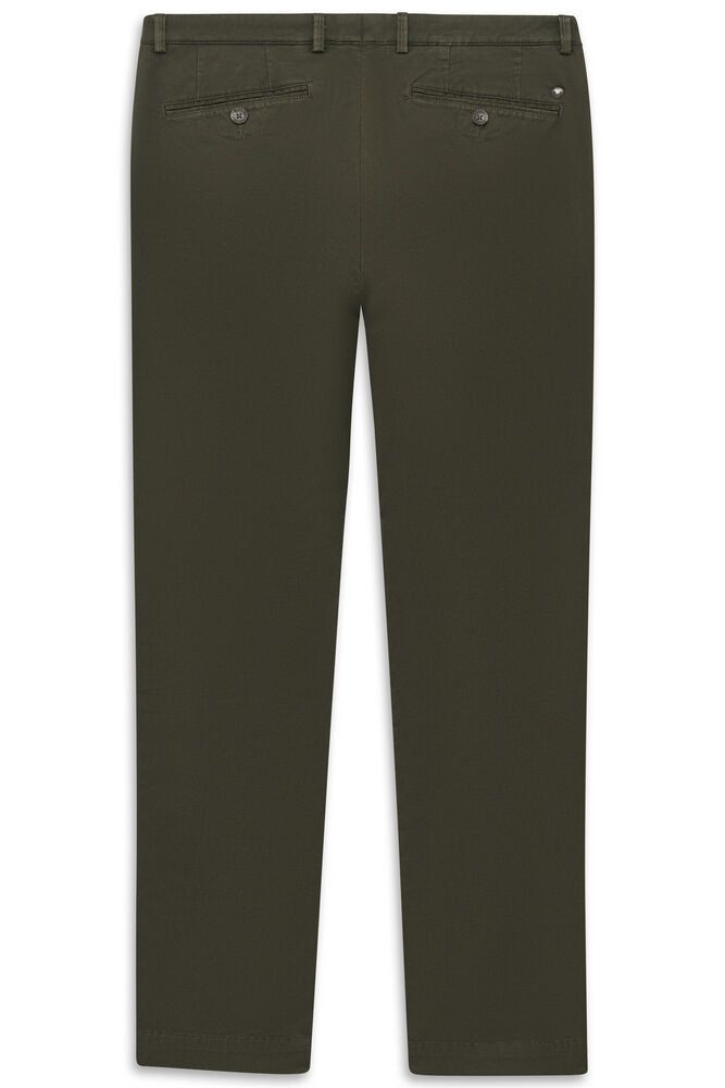 Dark olive green flat-front trousers with belt loops, two buttoned back welt pockets, and a small silver-toned emblem.