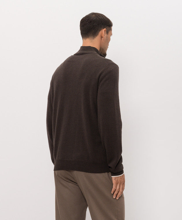 Deep brown knit quarter-zip sweater with a stand-up collar, ribbed cuffs and hem. A thin white stripe is visible on the right