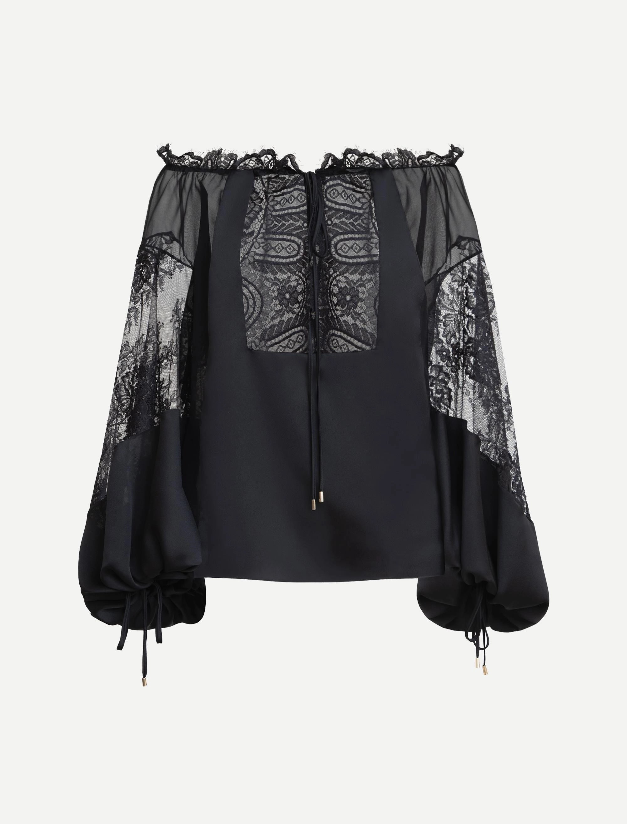 Black off-shoulder blouse with ruffled neckline, sheer lace panels, and voluminous sleeves with drawstring cuffs and gold-ton