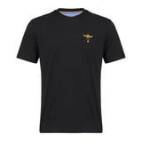 Black short-sleeved t-shirt with a ribbed crew neck. Left chest features a gold-toned winged emblem above 'A.M.' and a circul