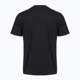 Black short-sleeved crew neck t-shirt, back view. Plain design.