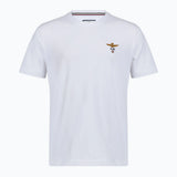 White short-sleeved crew neck t-shirt with a gold-toned winged emblem, 'A.M.', and a small target on the left chest. Striped